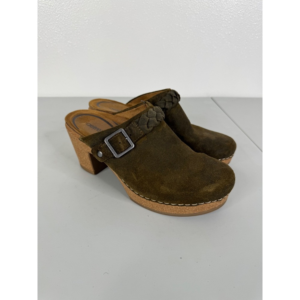 Aetrex Corey Olive Suede Orthotic Clogs Braided Buckle Platform Heels 7.5-8
